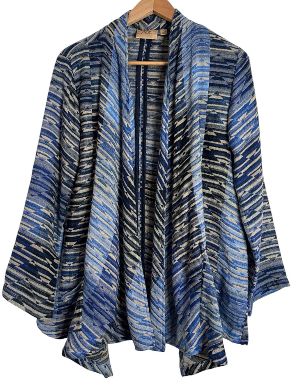 Niotto Blue/Beige Aztec Print Open Front Cascading Longline Cardigan size S